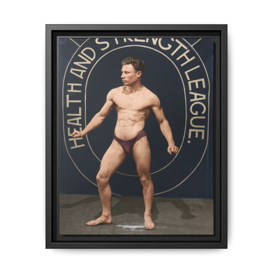 Vintage physical culture athlete posing before Health and Strength League banner 