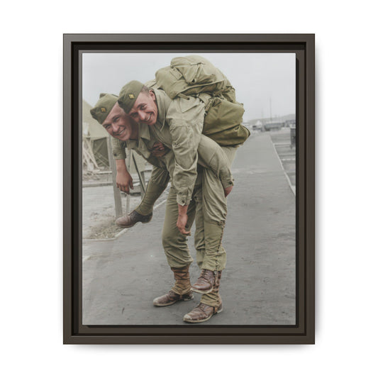 Early 20th century outdoor double portrait of two men in uniform with packs and boots
