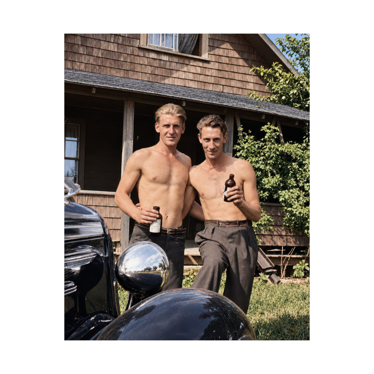 Paire 109 | Two Men Beside a Vintage Car and Shingled House | Vintage Photography Poster