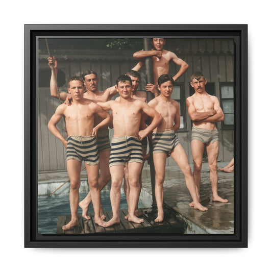 group in striped swimwear vintage photograph restored 