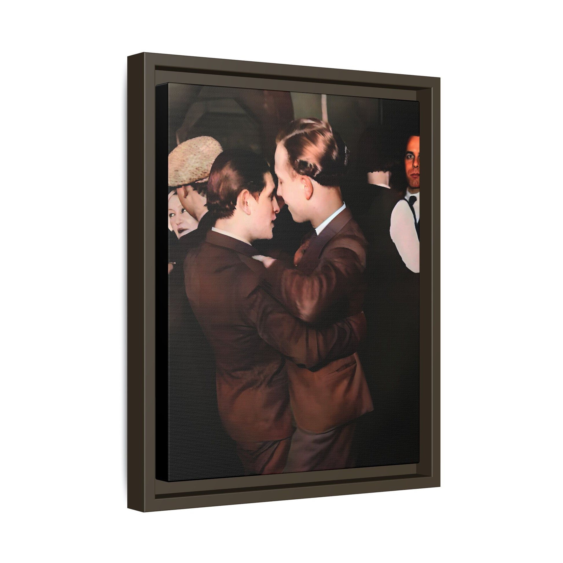 Restored vintage photo of Bernard & Leroy, a gay couple dancing at an elegant gathering in Atlanta GA, framed canvas art.