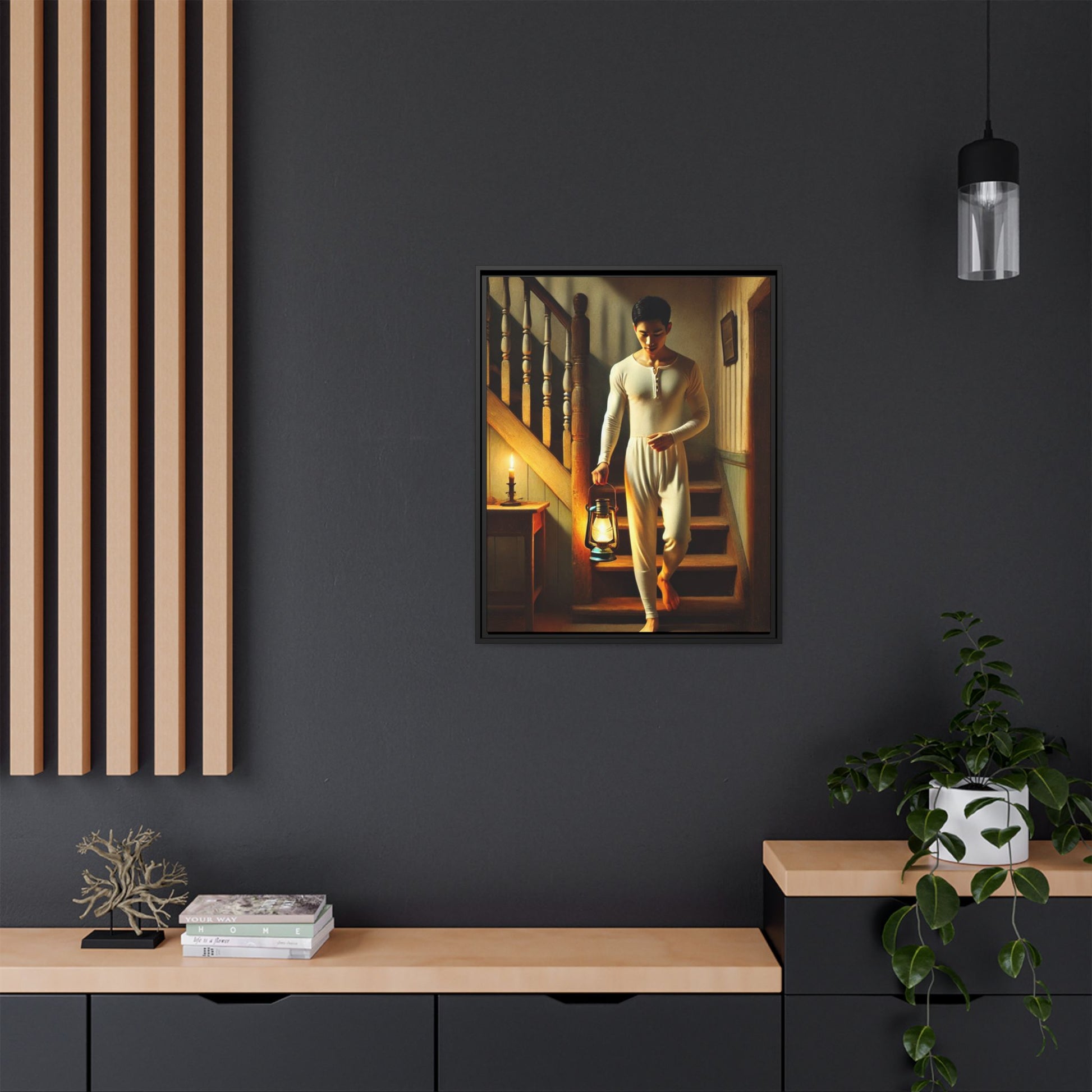 Framed artwork of an Asian-American man wearing long johns underwear holding a lantern on a staircase, inspired by Grant Wood’s style.