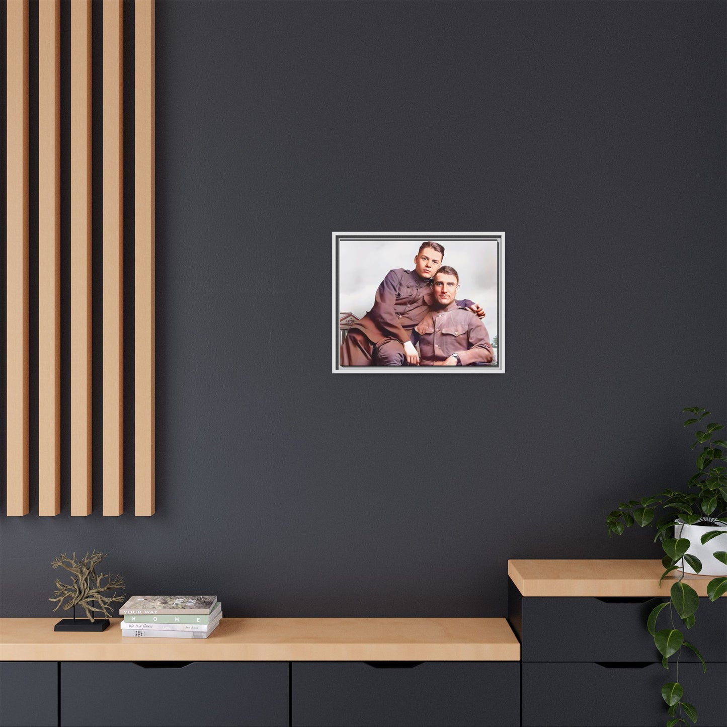 A restored WWII-era portrait of Charlie & Gordon at Debach Airfield, UK. This framed matte canvas captures military camaraderie, resilience, and historical connection, making it a timeless tribute for vintage and aviation collectors. Gay Couple