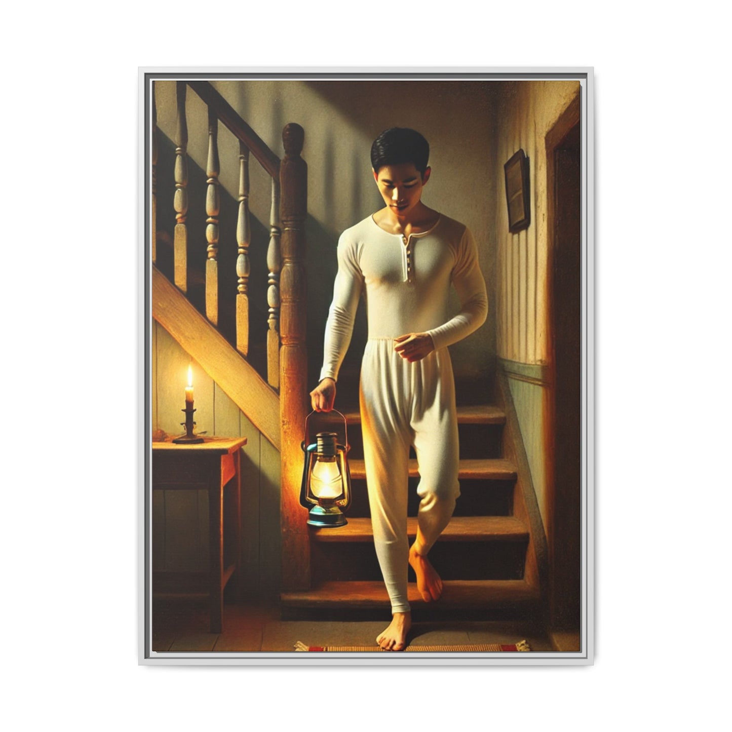 Framed artwork of an Asian-American man wearing long johns underwear holding a lantern on a staircase, inspired by Grant Wood’s style.