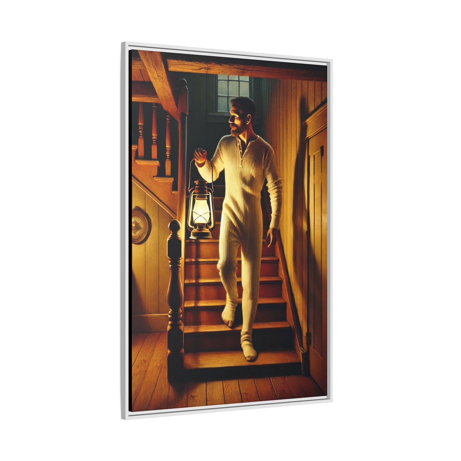 Atmospheric artwork of a man descending wooden stairs with a lantern, inspired by Grant Wood’s rural themes.