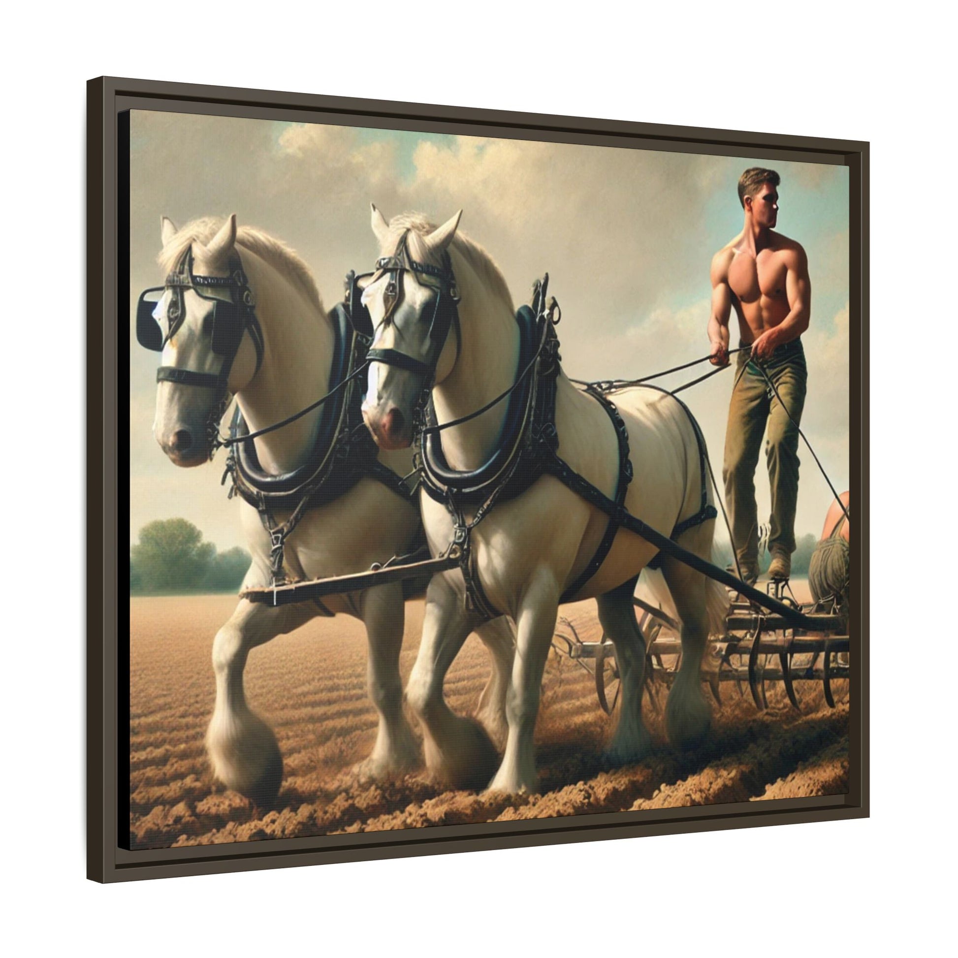 Vintage-style artwork of a shirtless man plowing a field with white horses, celebrating rural life and resilience.