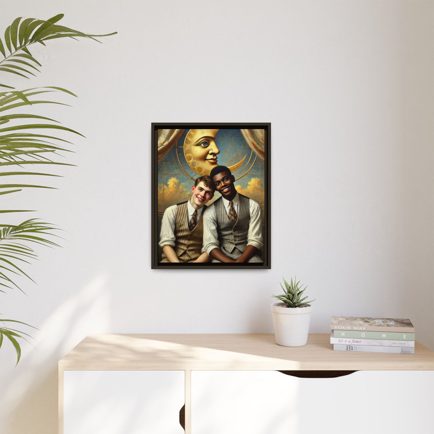 A vintage-style artwork showing a young interracial gay couple in 1920s attire sitting beneath a golden crescent moon with a serene expression. Their joyful closeness reclaims erased queer history and reflects the beauty of interracial love through a lens of tenderness and celebration.