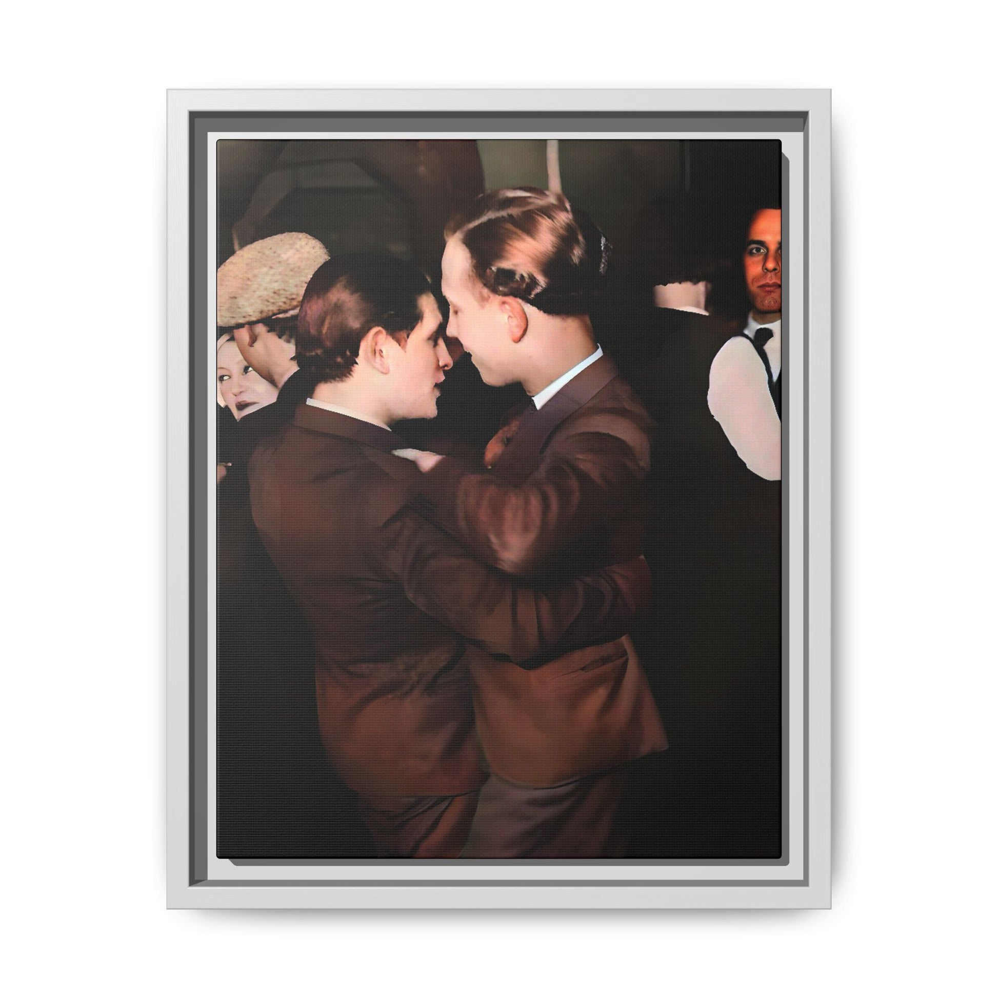 Restored vintage photo of Bernard & Leroy, a gay couple dancing at an elegant gathering in Atlanta GA, framed canvas art.