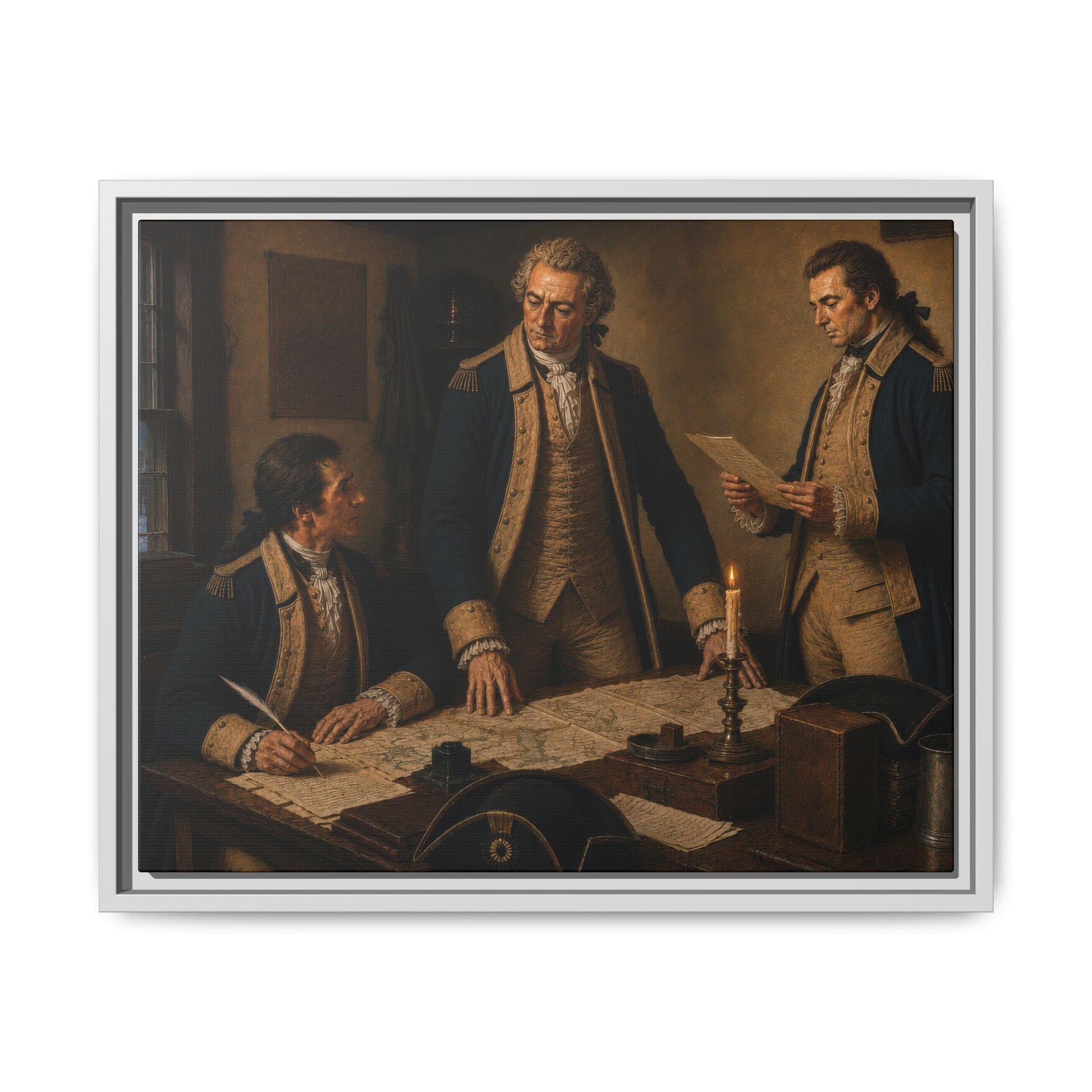 Historical framed canvas depicting Baron von Steuben standing beside Benjamin Walker and William North at a campaign table illuminated by candlelight inside Revolutionary War headquarters.