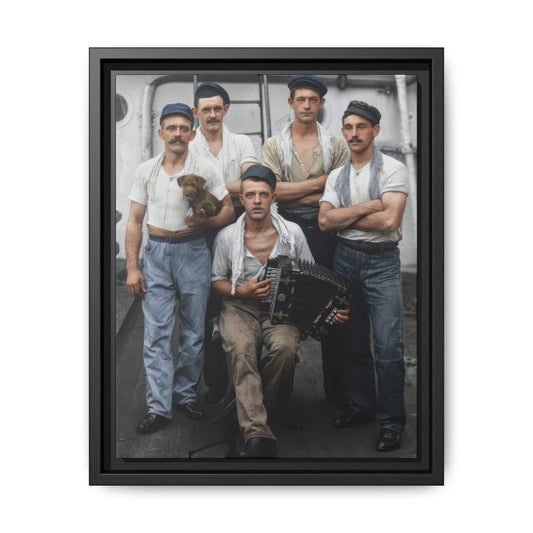 Restored portrait of five men on a ship’s deck, with one seated holding a button accordion and another holding a small brown dog.