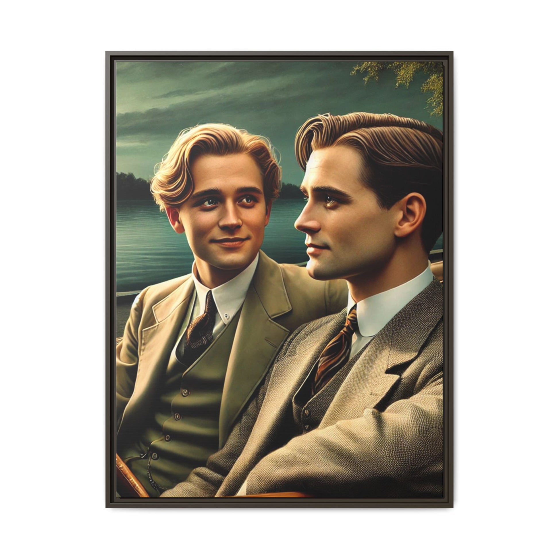 Vintage-style artwork of a gay couple from the 1930s in a Packard car by the Mississippi River, celebrating love and inclusivity.