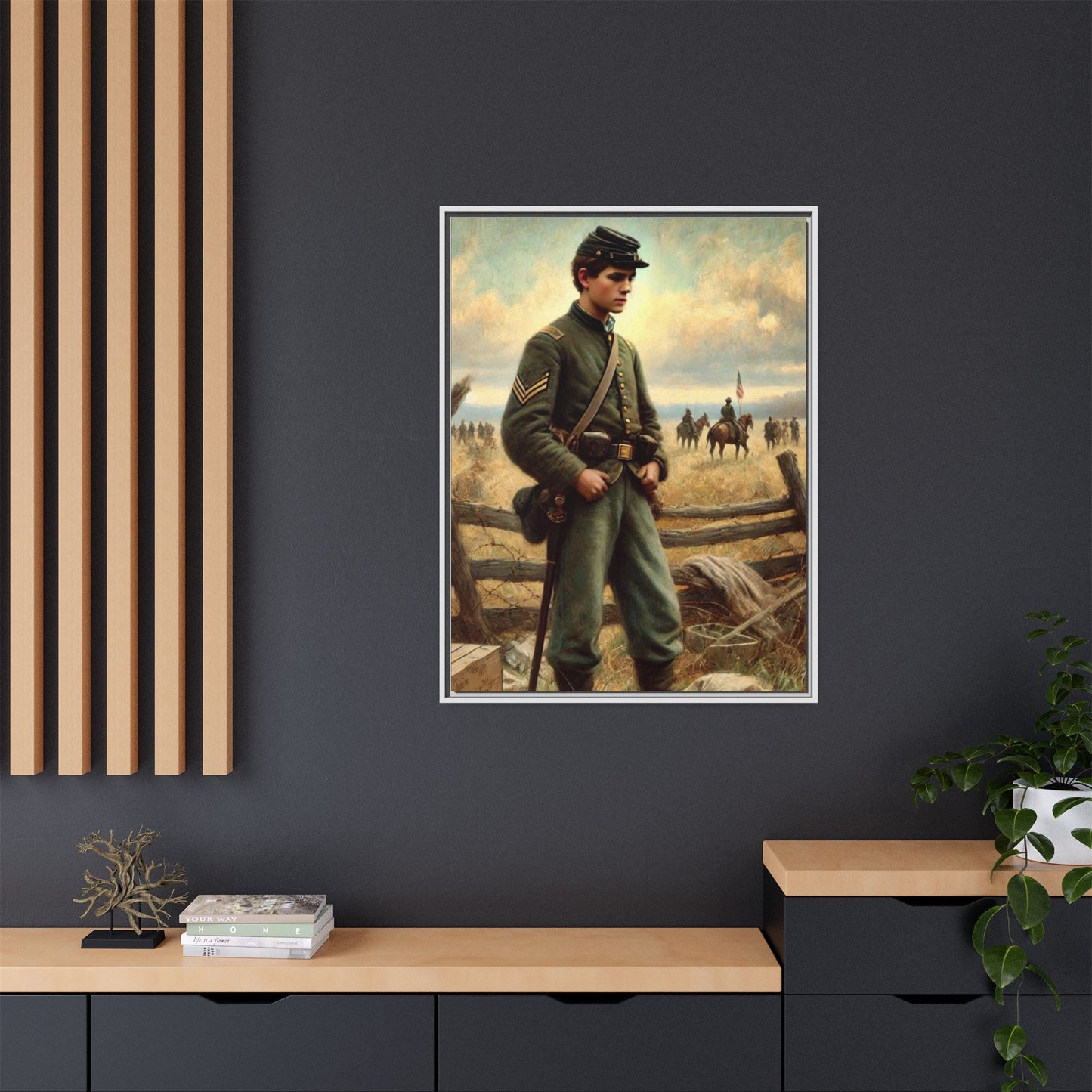 Framed artwork of a young Civil War Union soldier inspired by Walt Whitman’s Drum-Taps poems and Grant Wood's style, depicting battlefield sacrifice, humanity, and historical charm.