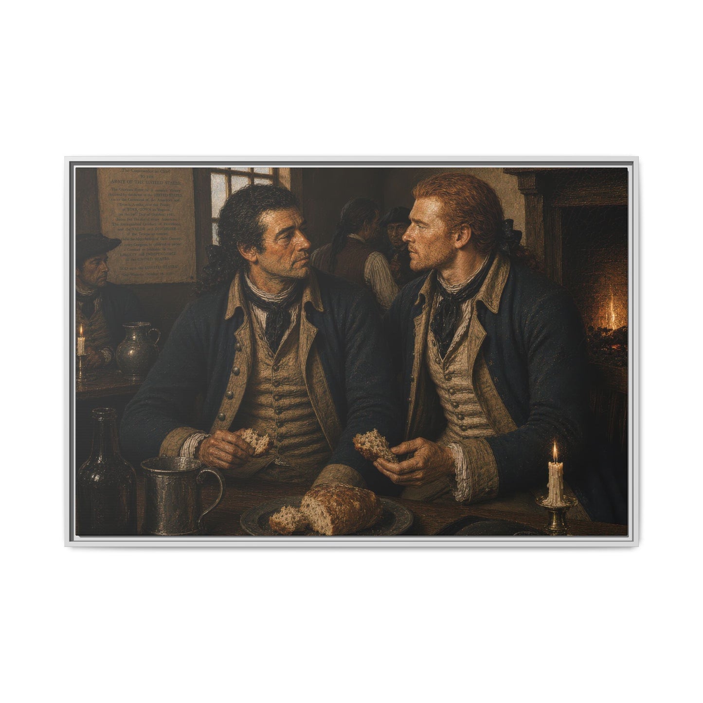 Historical wall art depicting Continental Army soldiers gathered indoors beneath a victory proclamation during the American Revolution.