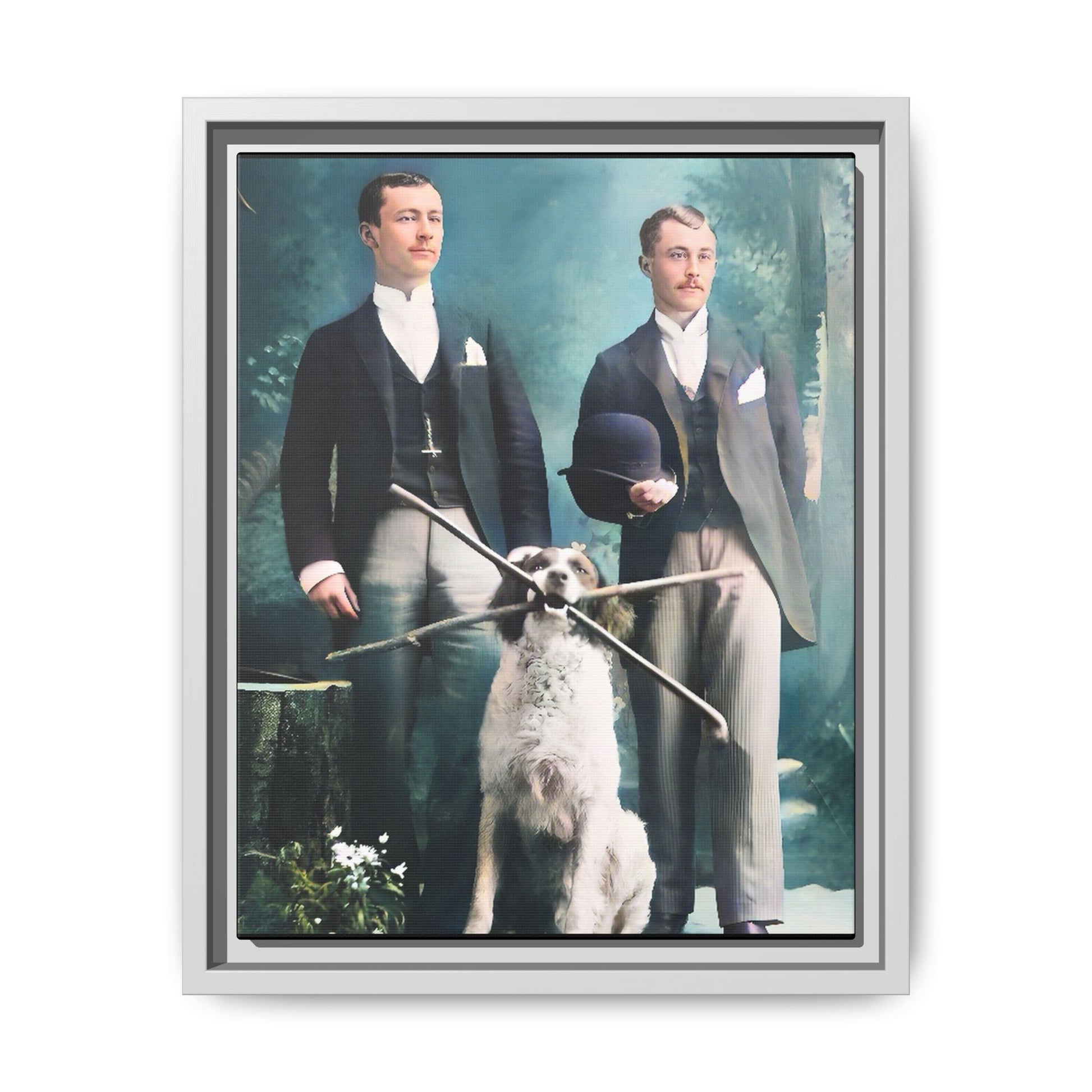 Restored vintage photograph of Patrick and Everett, an Edwardian gay couple with their loyal dog, taken in early 1900s Frankfort, Kentucky. Framed matte canvas print celebrating LGBTQ+ history, love, and companionship.