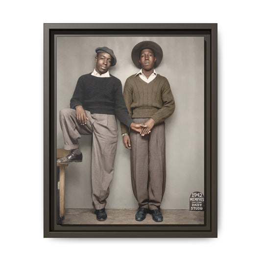 Vintage Black American photography showing two men wearing sweaters, tailored trousers, and hats in a 1942 studio portrait.