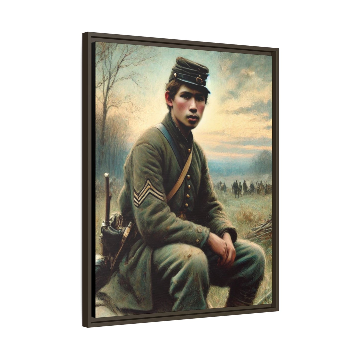 Framed artwork of a Civil War Union soldier inspired by Walt Whitman’s Leaves of Grass and Drum-Taps, depicting themes of sacrifice, strength, and vulnerability amidst a 19th-century battlefield.