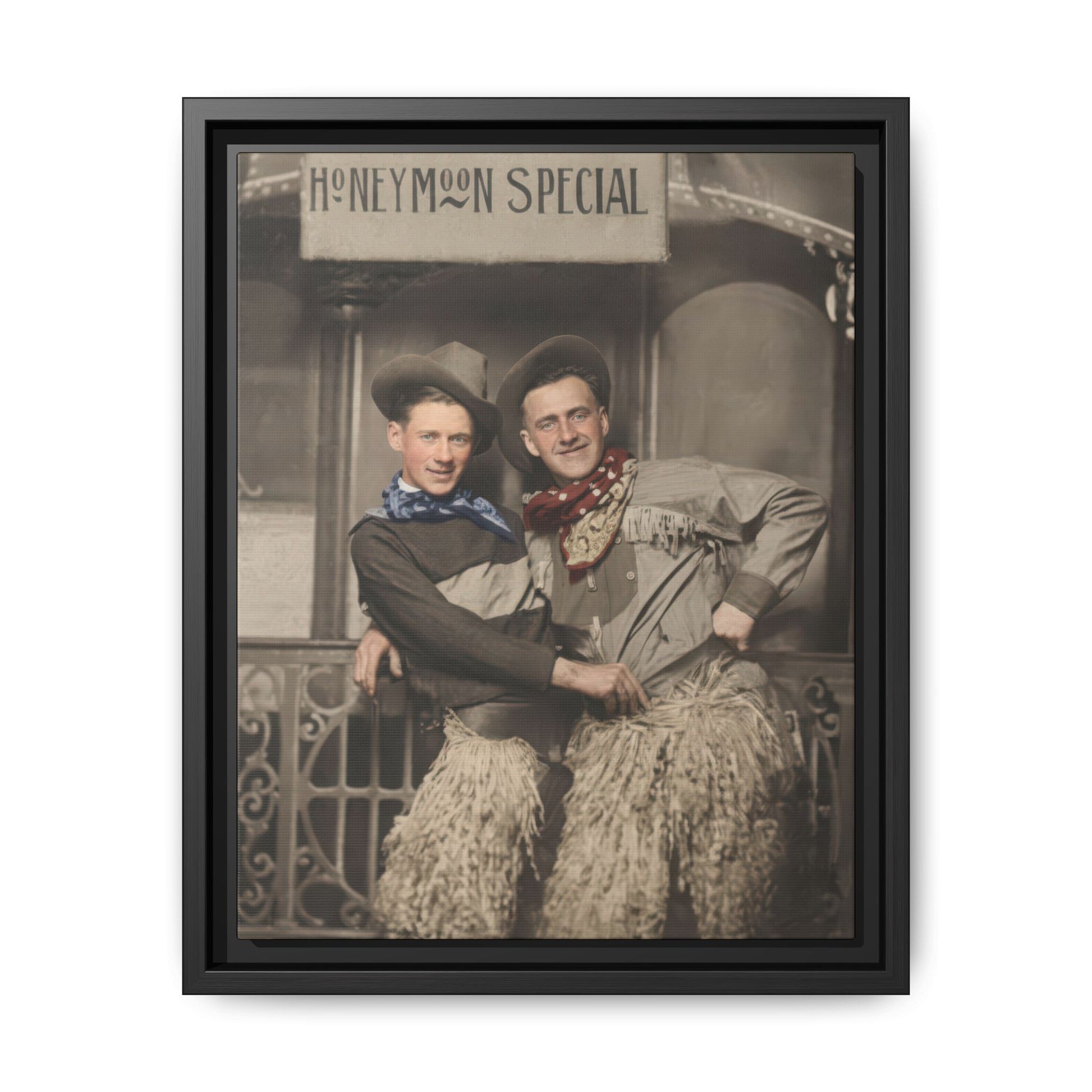 Vintage Western costume portrait with two companions and honeymoon sign