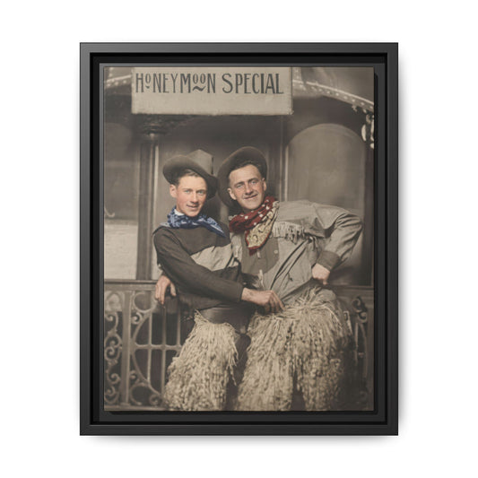 Vintage Western costume portrait with two companions and honeymoon sign