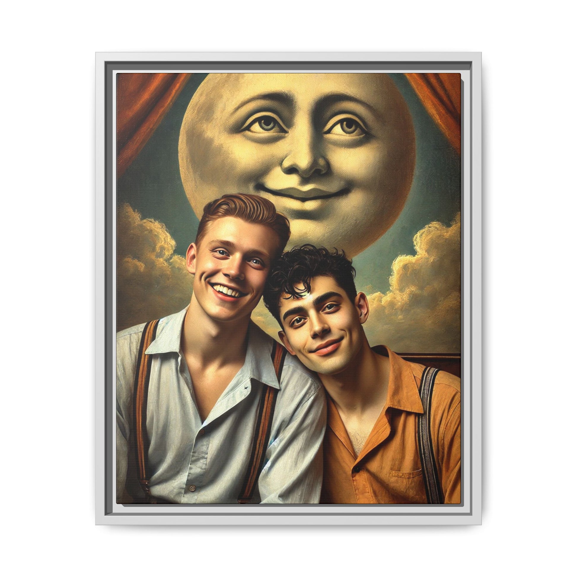 Framed artwork featuring a joyful queer couple in 1930s attire, seated close together beneath a smiling full moon in a theatrical studio setting. A celebration of reclaimed LGBTQ+ narratives in nostalgic portraiture.