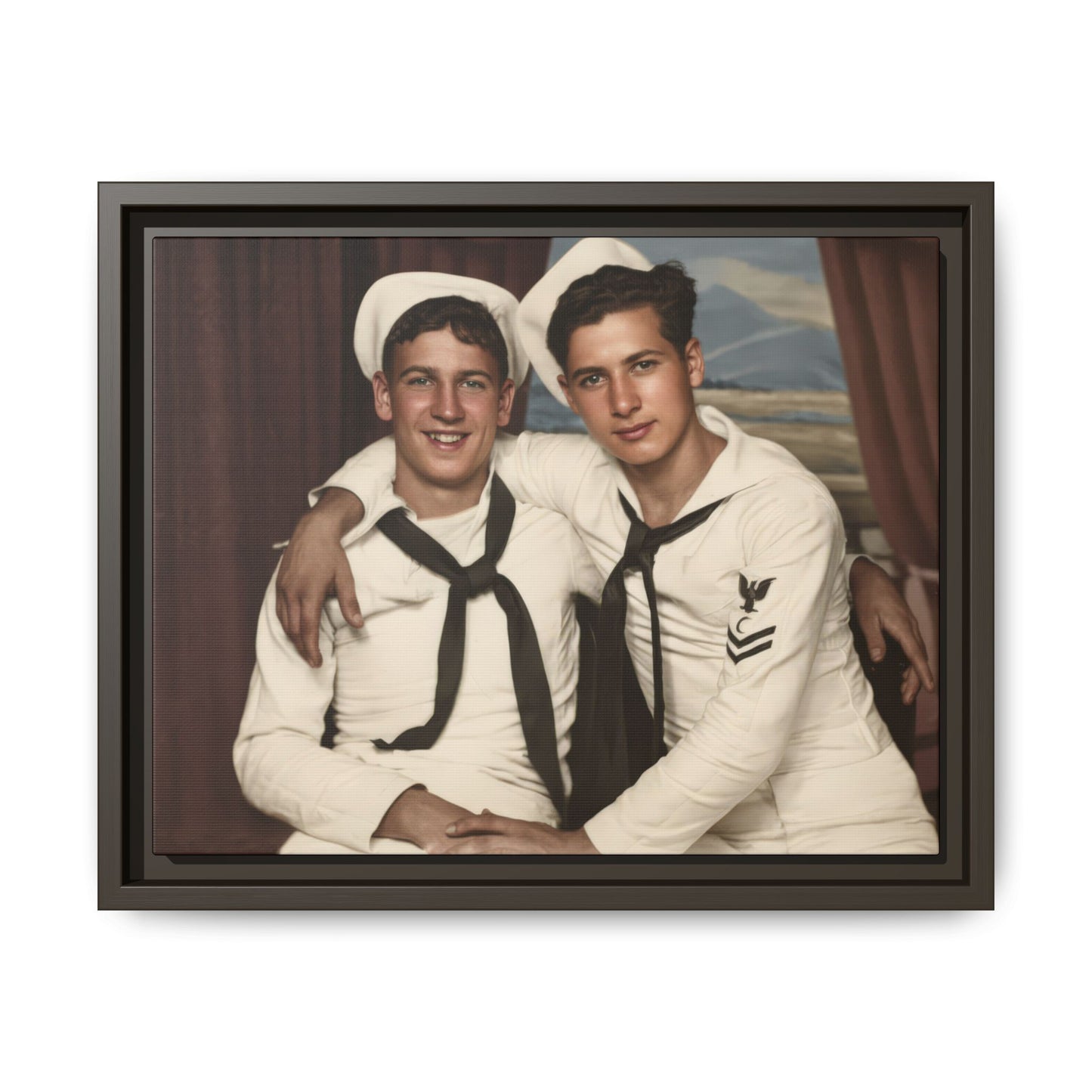 vintage maritime double portrait with painted backdrop and naval uniforms