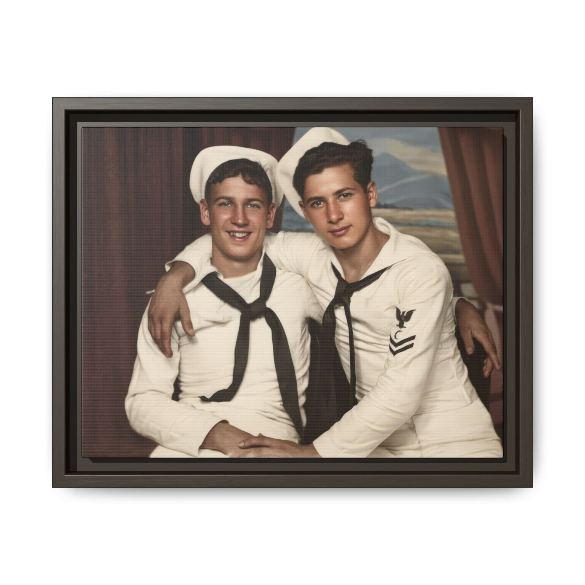 vintage maritime double portrait with painted backdrop and naval uniforms