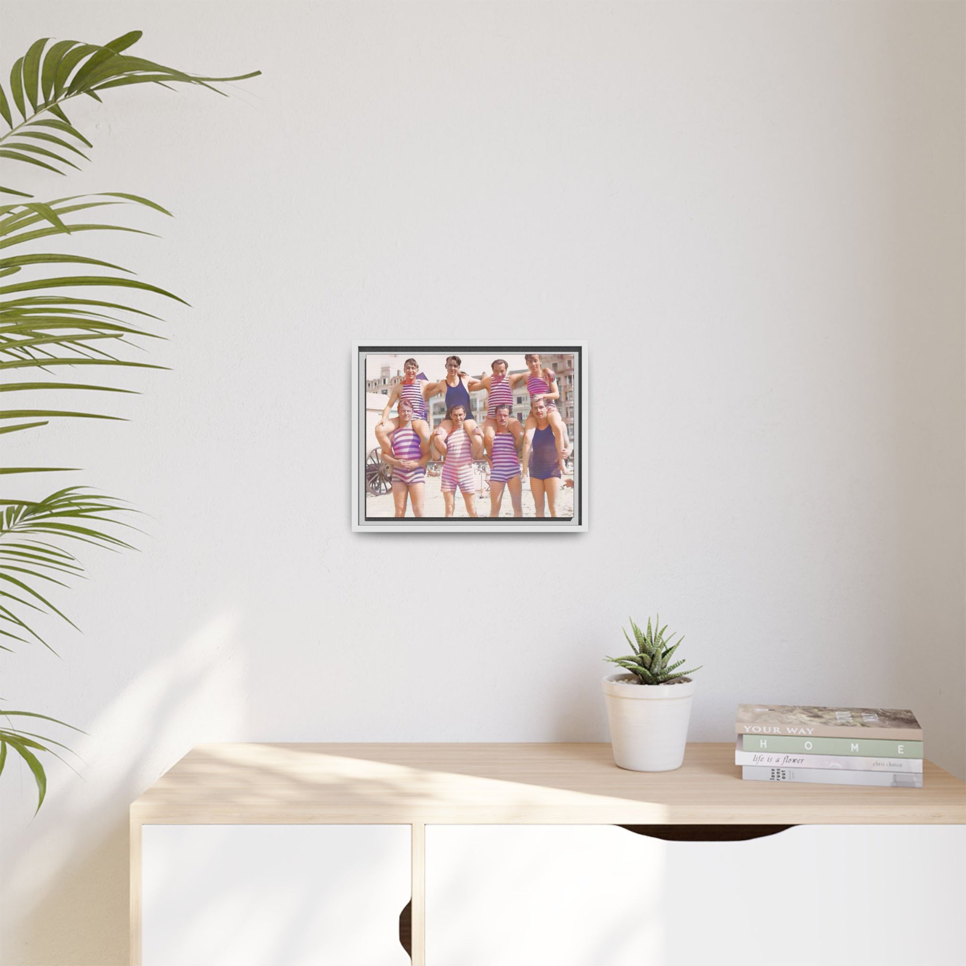 Restored vintage photo of a Bachelor Party in Corpus Christi TX, featuring men in striped swimwear forming human towers, framed canvas art.