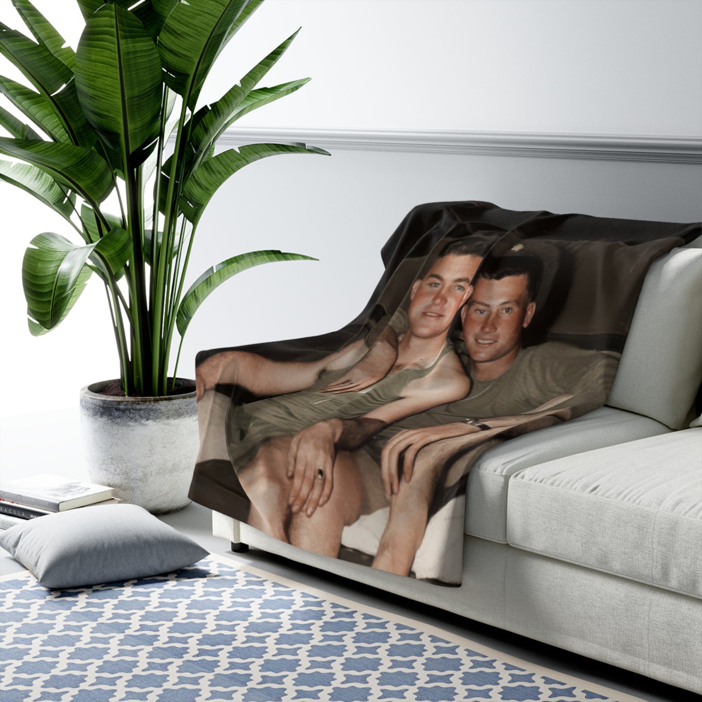 Historical sherpa blanket with informal service-era interior portrait imagery 