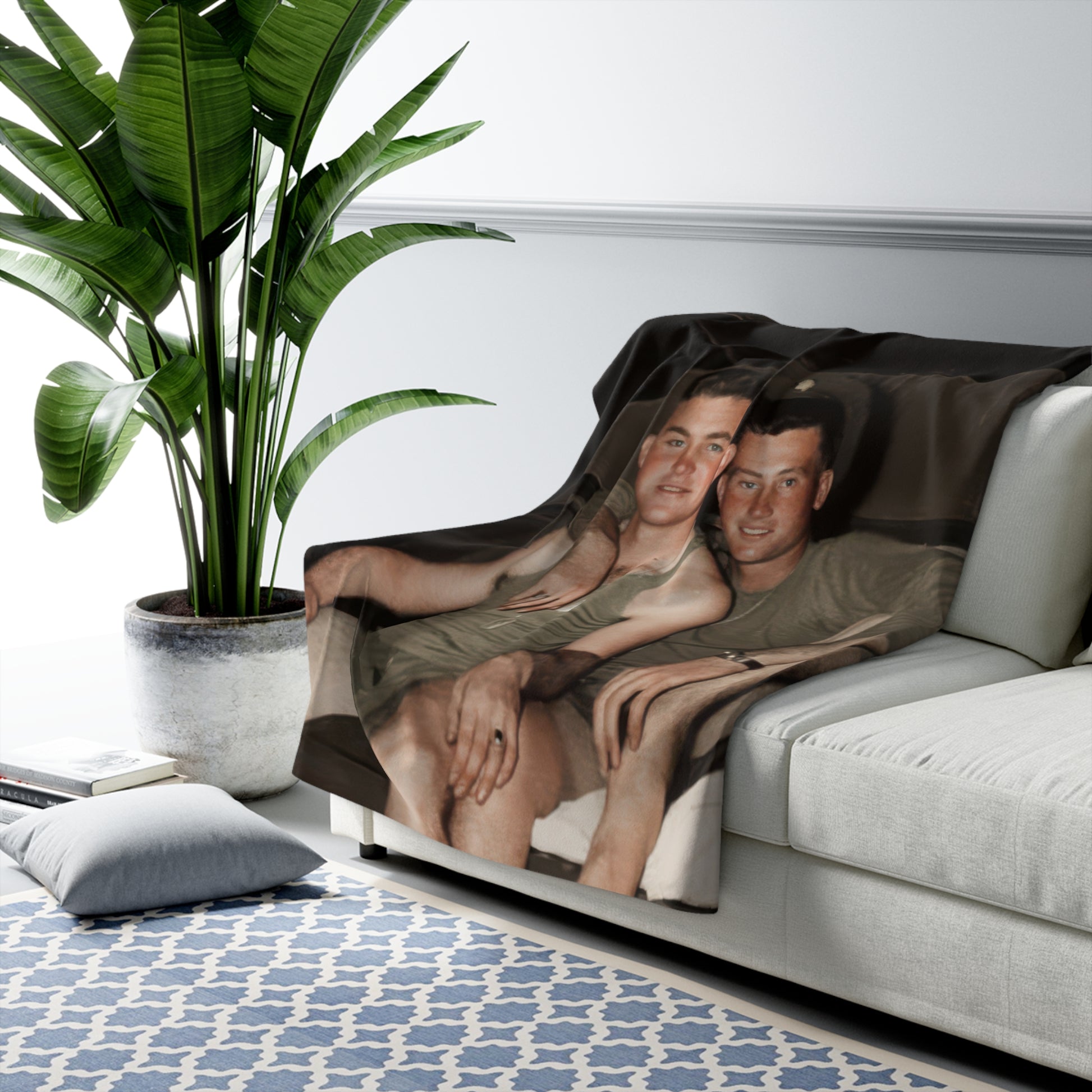 Historical sherpa blanket with informal service-era interior portrait imagery 