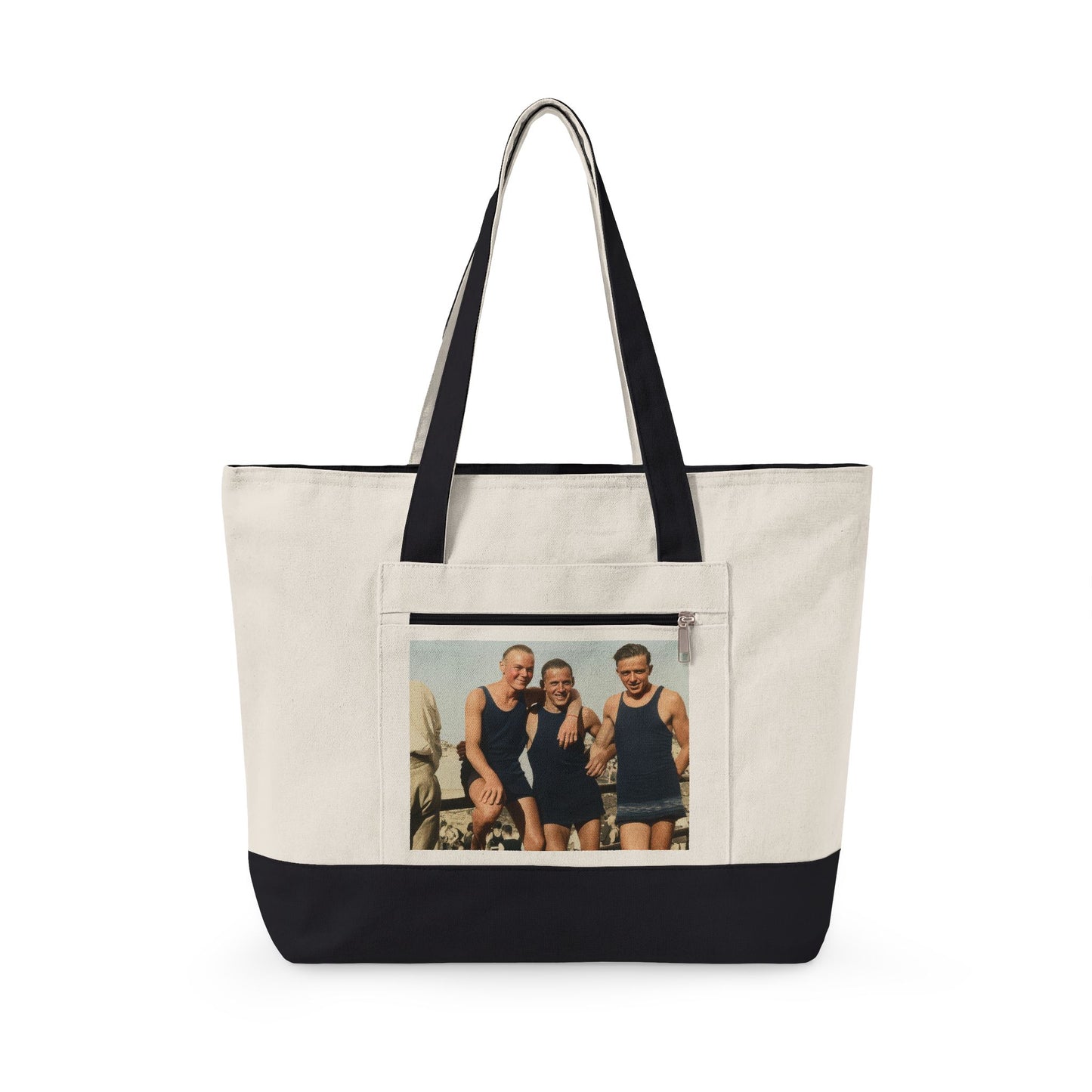 Three men in vintage swimwear zippered canvas tote 