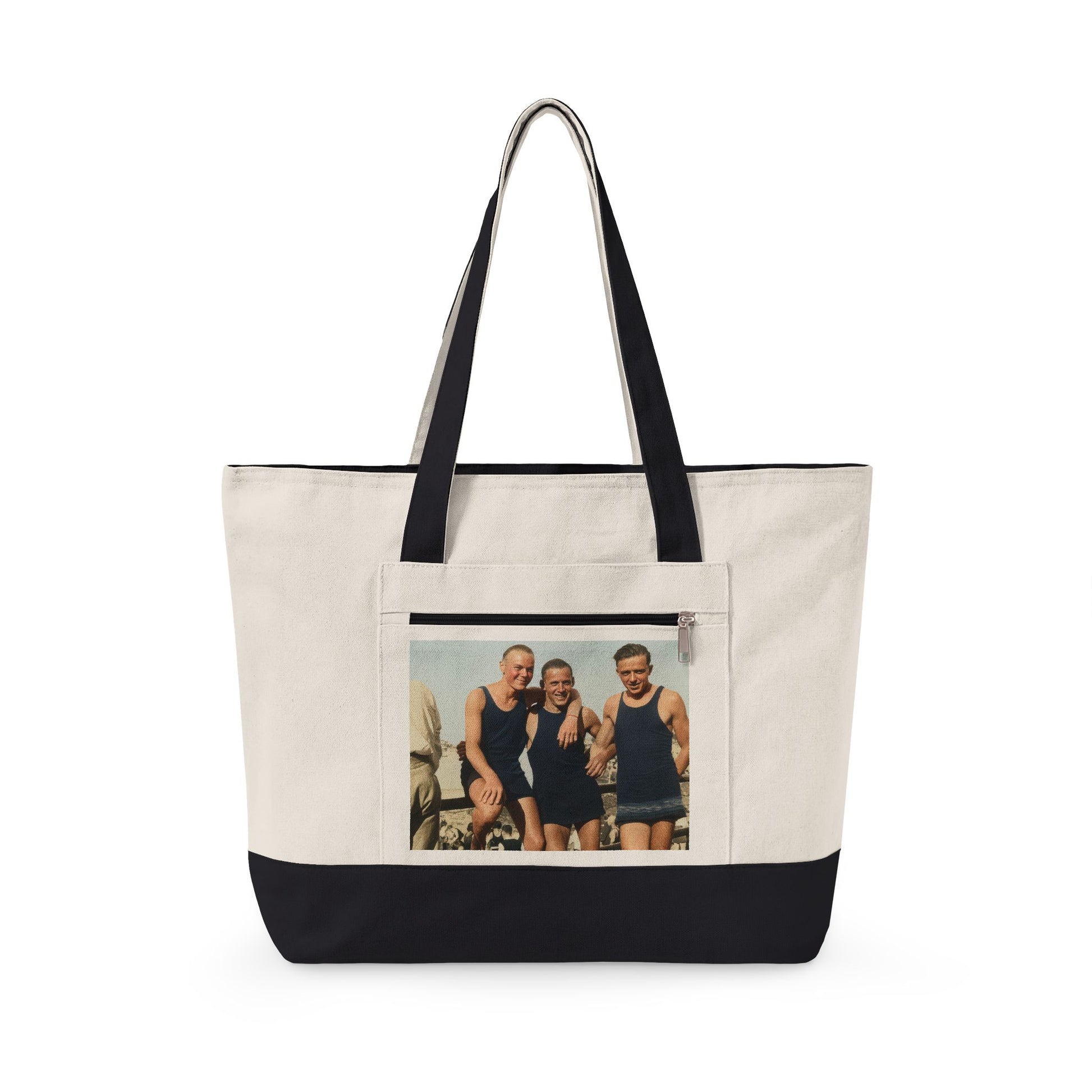 Three men in vintage swimwear zippered canvas tote 