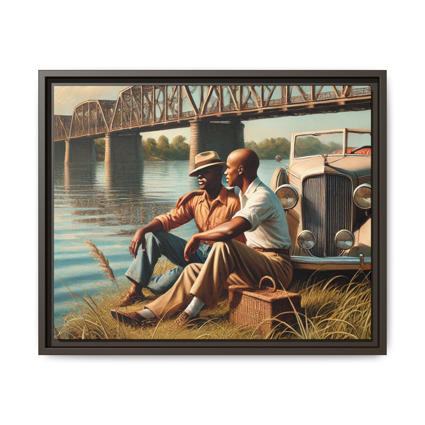 Vintage-style painting of an African-American gay couple in the 1930s by the Mississippi River with a Packard car, celebrating love and resilience.