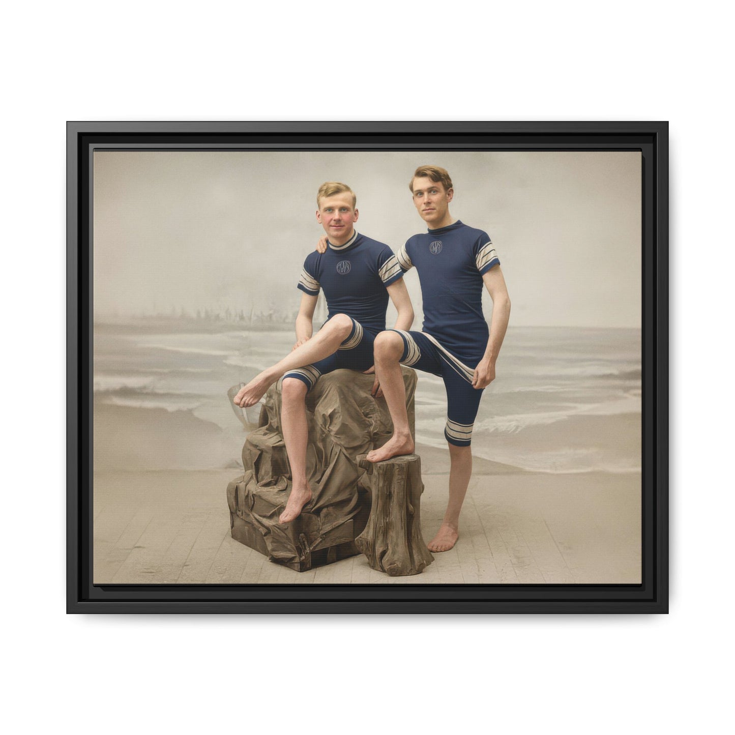 Historical swimwear photograph reproduced as framed matte canvas wall art 