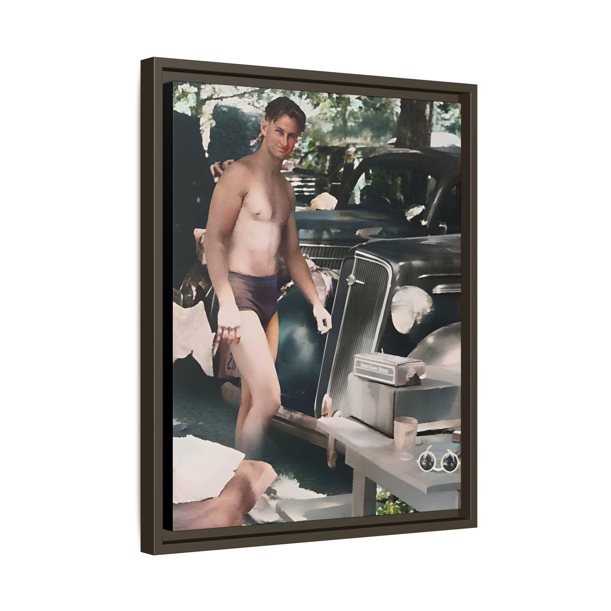 Restored 1930s photo of Jude standing by a vintage roadster in Cleveland OH, framed matte canvas art.