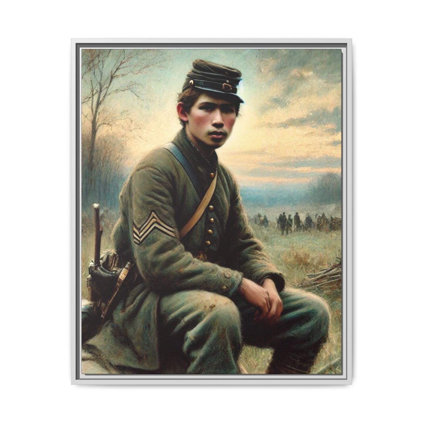 Framed artwork of a Civil War Union soldier inspired by Walt Whitman’s Leaves of Grass and Drum-Taps, depicting themes of sacrifice, strength, and vulnerability amidst a 19th-century battlefield.