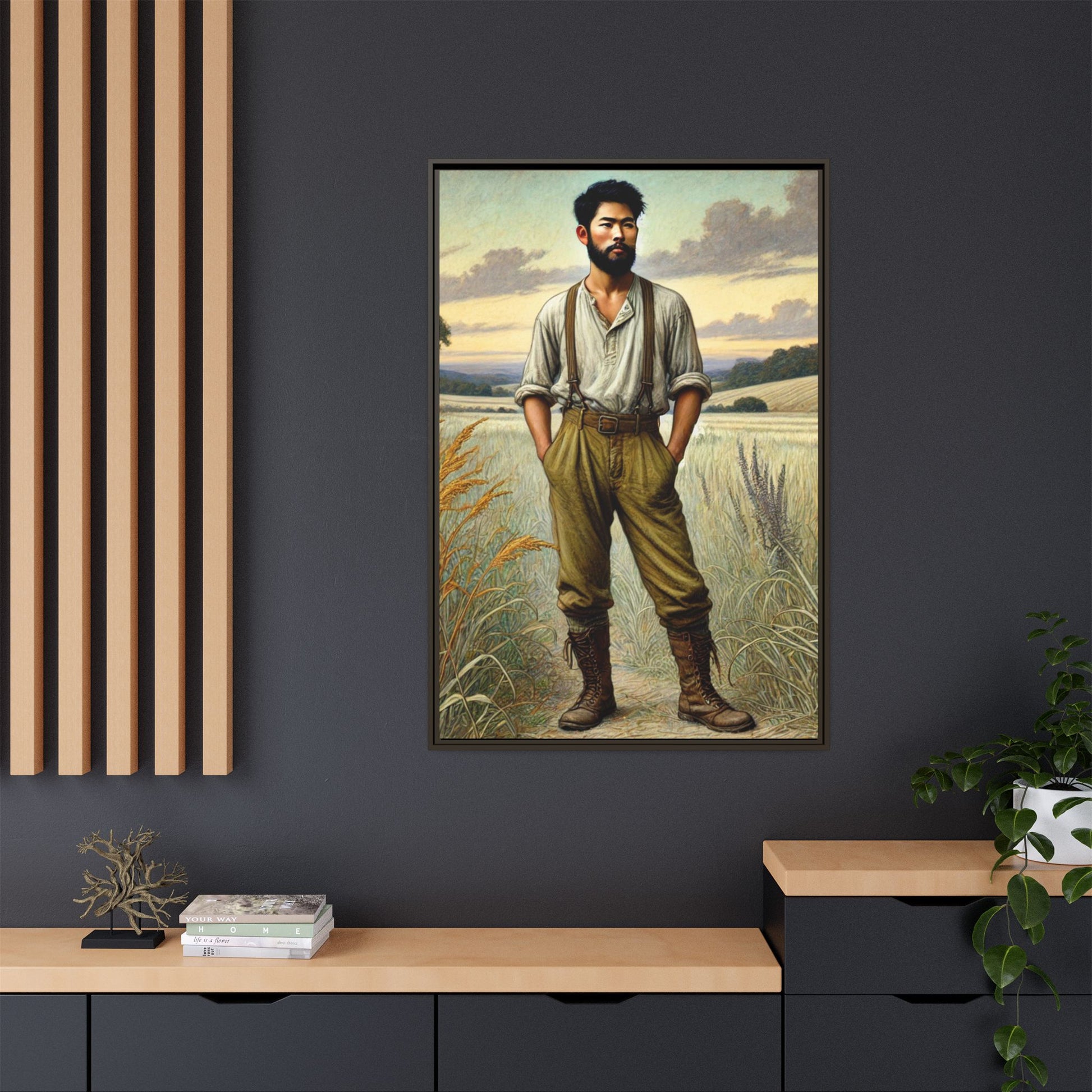 Framed artwork of an Asian-American farmer in 19th-century attire, inspired by Walt Whitman’s Leaves of Grass and Song of Myself, set against a serene rural backdrop of golden wheat fields and rolling hills.