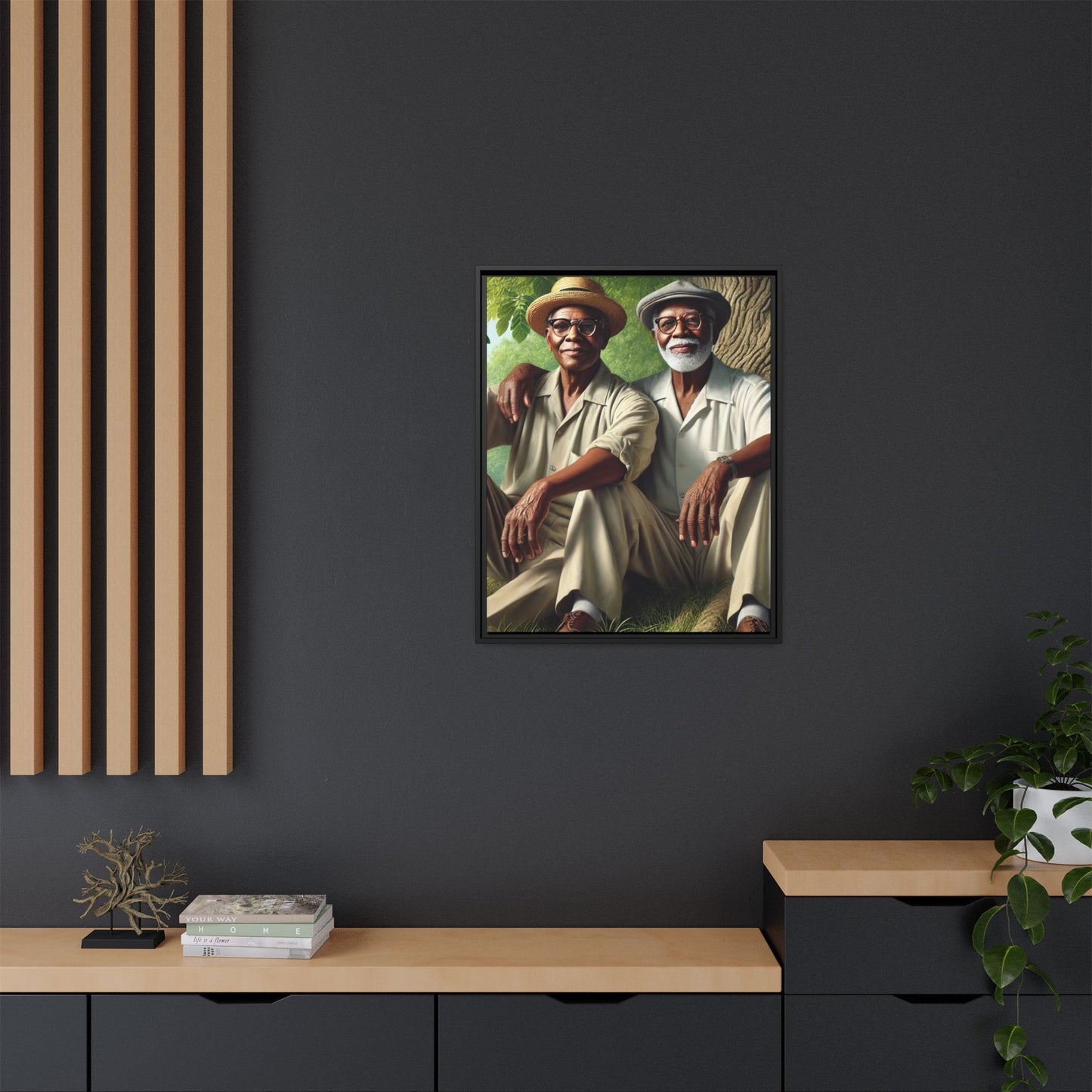 Framed artwork of a gay African-American couple in Cedar Rapids, Iowa, 1930s, celebrating love and resilience.