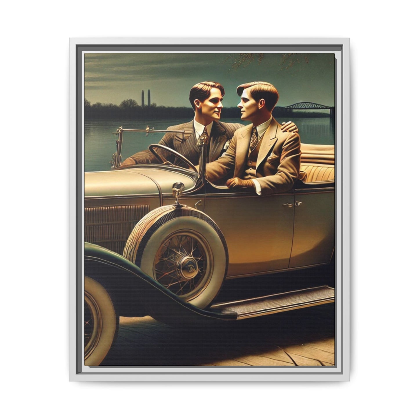 Vintage-style artwork of a gay couple in a 1930 Packard car by the Mississippi River under moonlight, celebrating love and history.