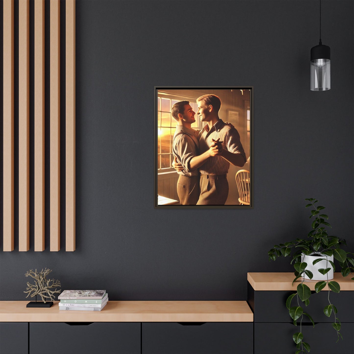 Art of a gay couple dancing in a sunlit dining room, inspired by Grant Wood’s Americana style and celebrating love.