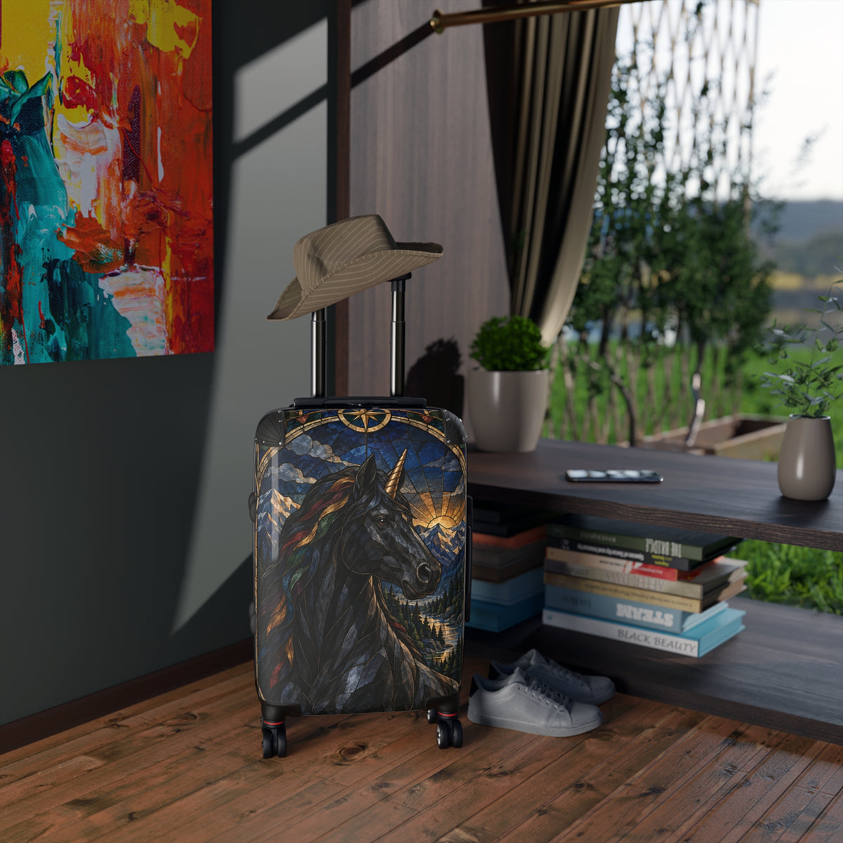 Guardian of the Rainbow Vale | Black Unicorn Stained-Glass Carry-On Suitcase