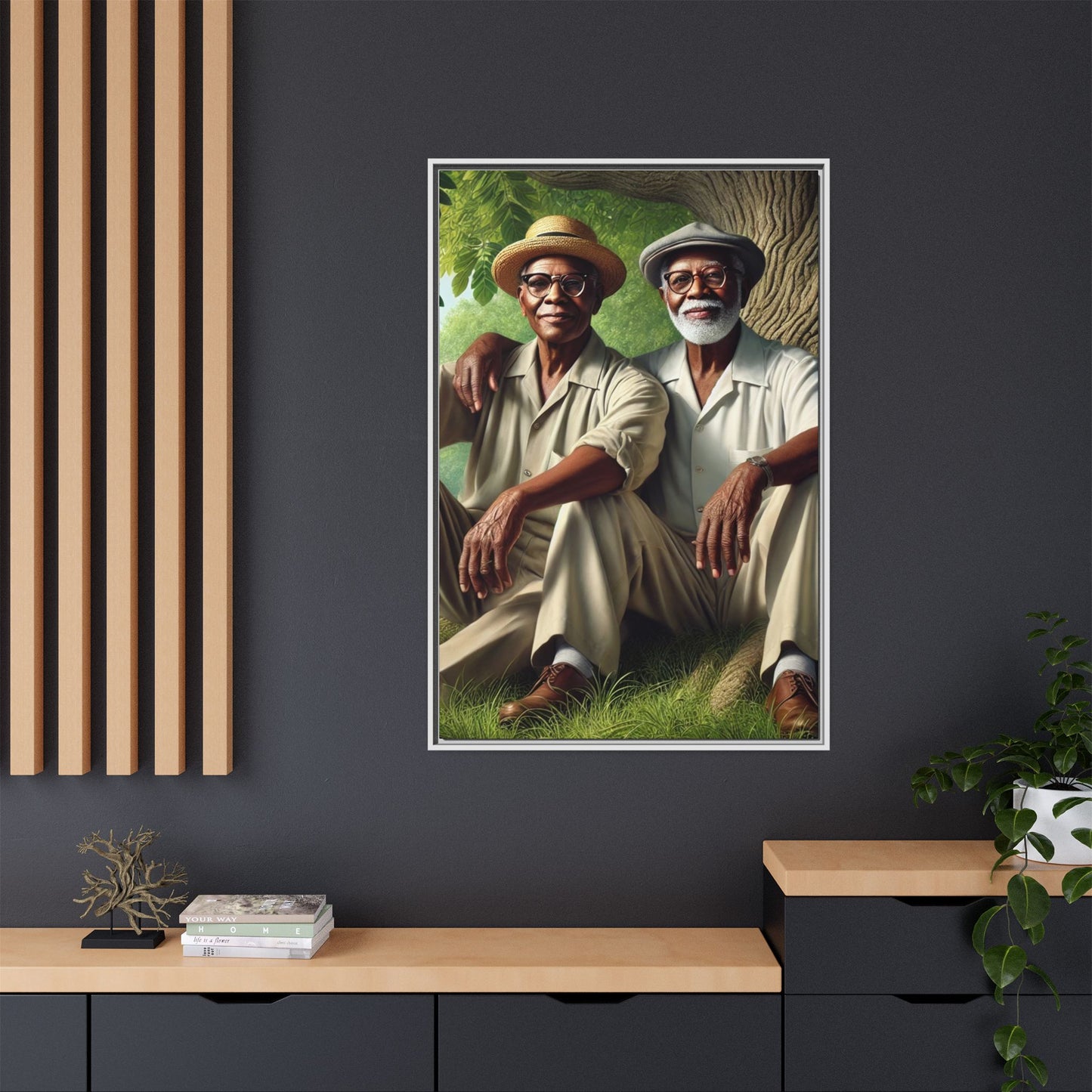 Framed artwork of a gay African-American couple in Cedar Rapids, Iowa, 1930s, celebrating love and resilience.