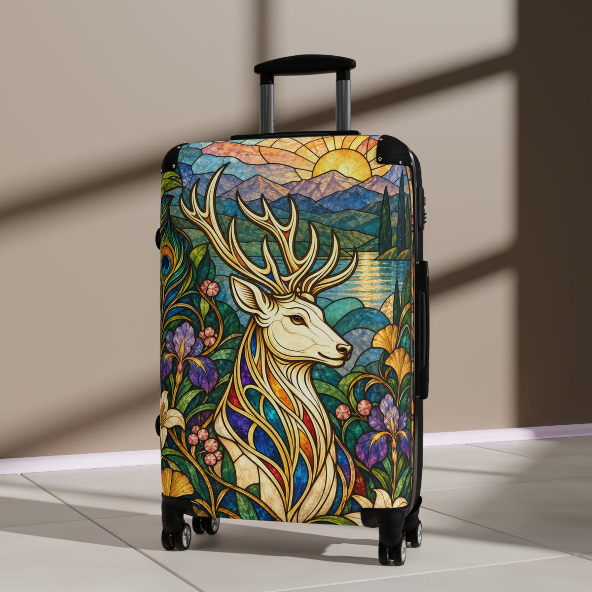 The Jeweled Sentinel Stained Glass Stag Suitcase | Aesthetic Movement Luggage