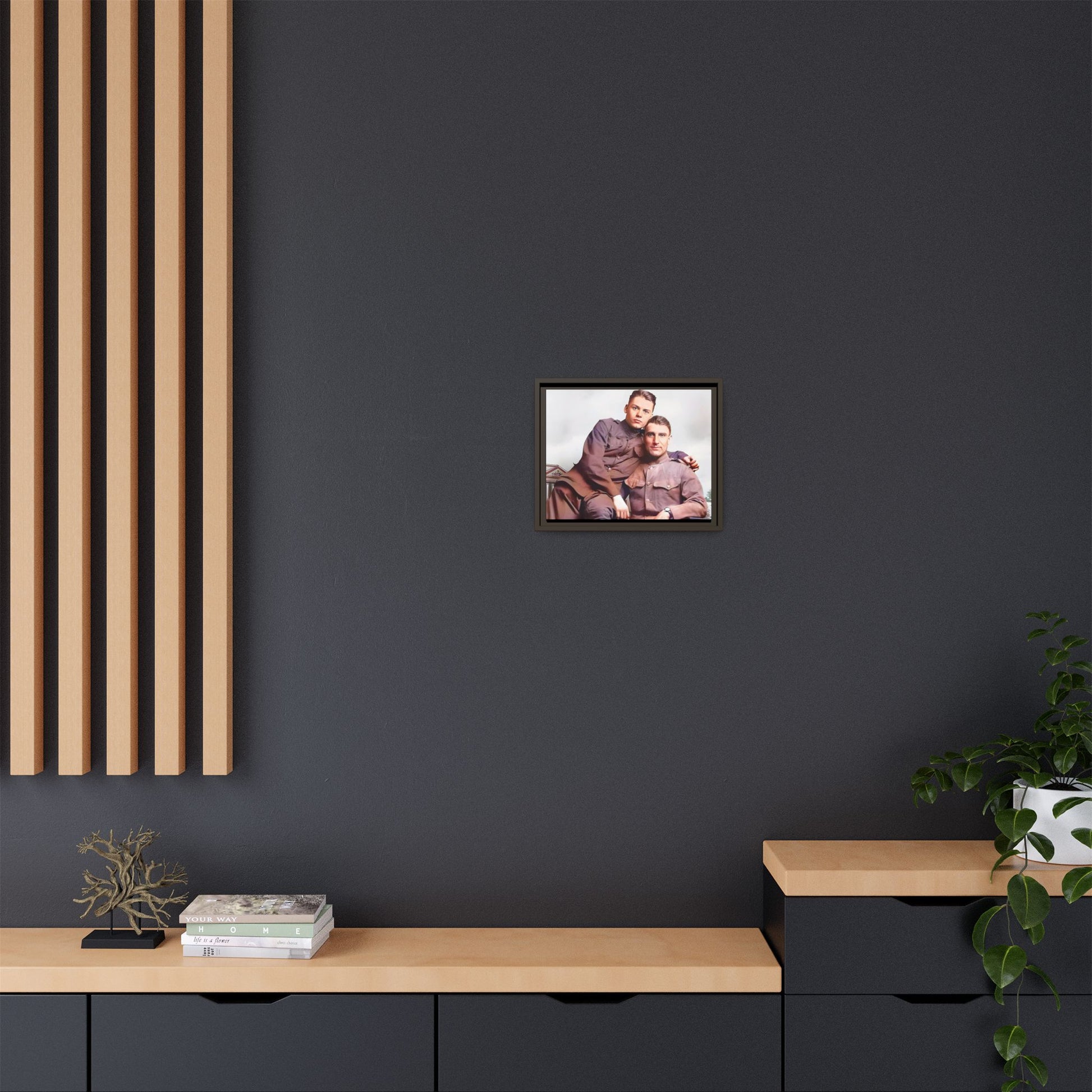 A restored WWII-era portrait of Charlie & Gordon at Debach Airfield, UK. This framed matte canvas captures military camaraderie, resilience, and historical connection, making it a timeless tribute for vintage and aviation collectors. Gay Couple