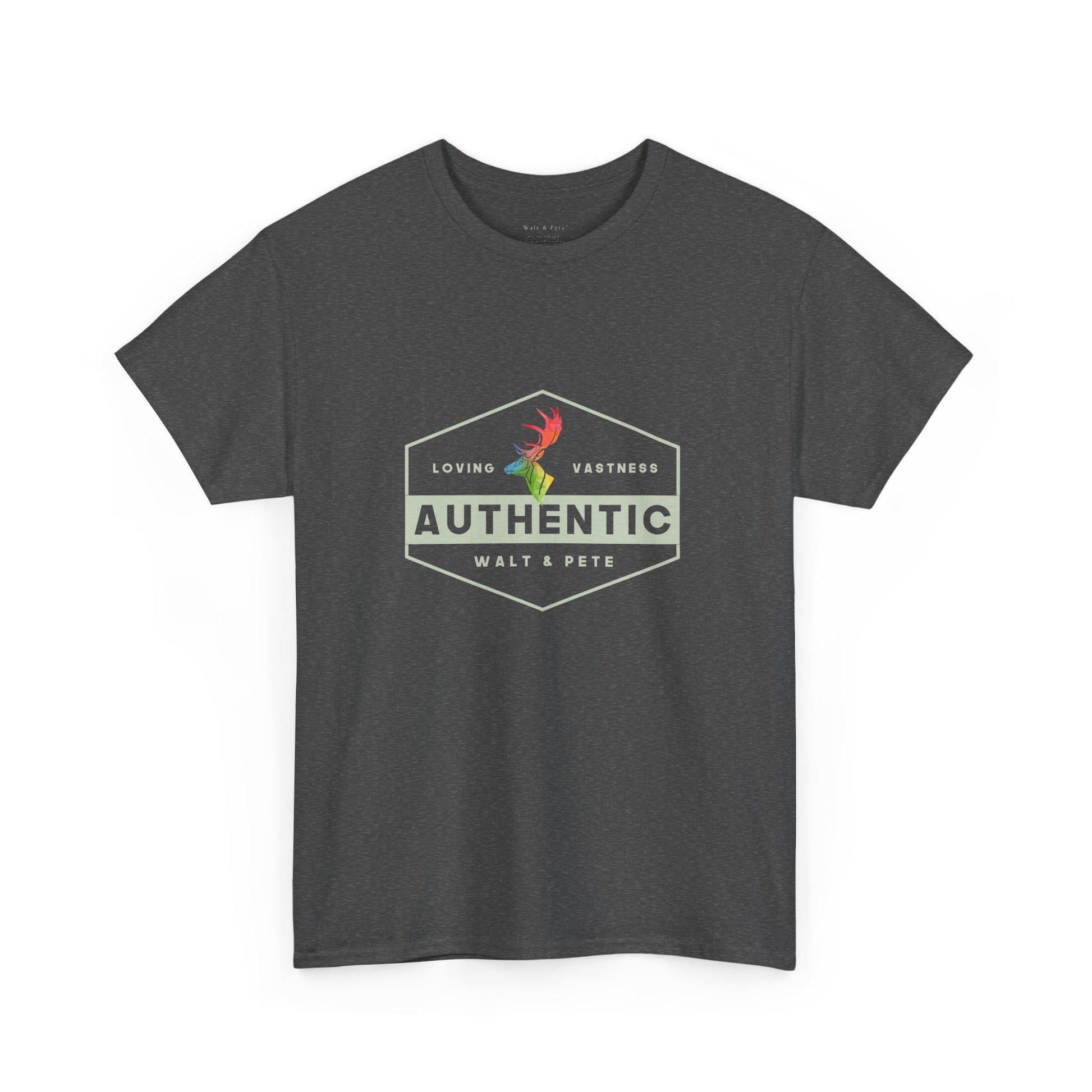 unisex LGBTQ+ t-shirt with a hexagonal badge design reading “Authentic” and “Loving & Vastness,” featuring a rainbow antler—symbolizing self-love, queer pride, and emotional depth.