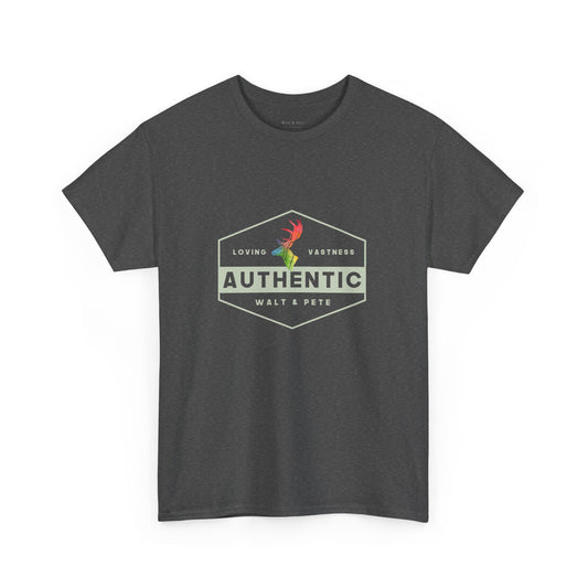 unisex LGBTQ+ t-shirt with a hexagonal badge design reading “Authentic” and “Loving & Vastness,” featuring a rainbow antler—symbolizing self-love, queer pride, and emotional depth.