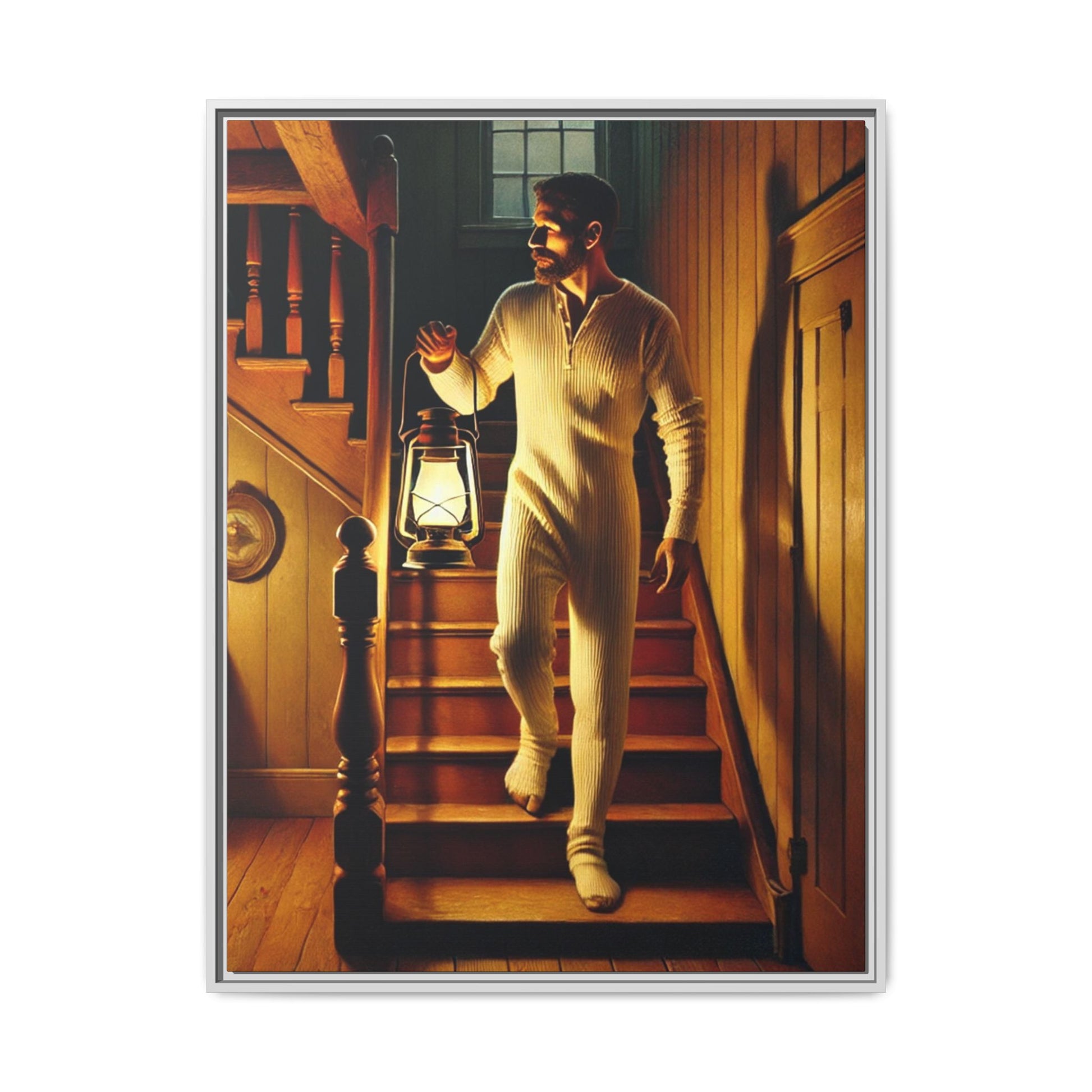 Atmospheric artwork of a man descending wooden stairs with a lantern, inspired by Grant Wood’s rural themes.