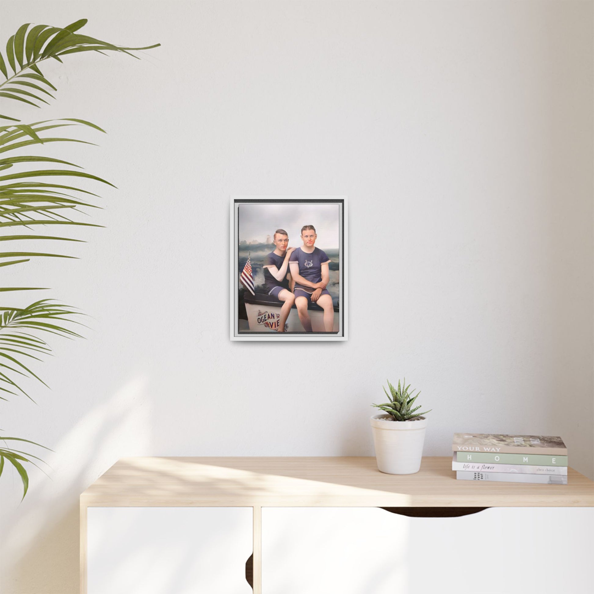 Restored vintage 1920s photo of Lee & Gerald, a gay couple in nautical swimwear by the ocean in Jacksonville FL, framed canvas art.