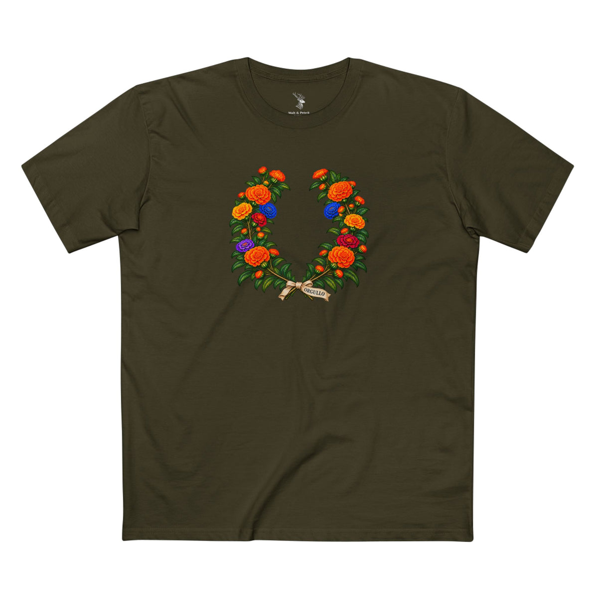 Mexican Cempasúchil Orgullo T-Shirt | Floral LGBTQ+ Pride Laurel Wreath Tee