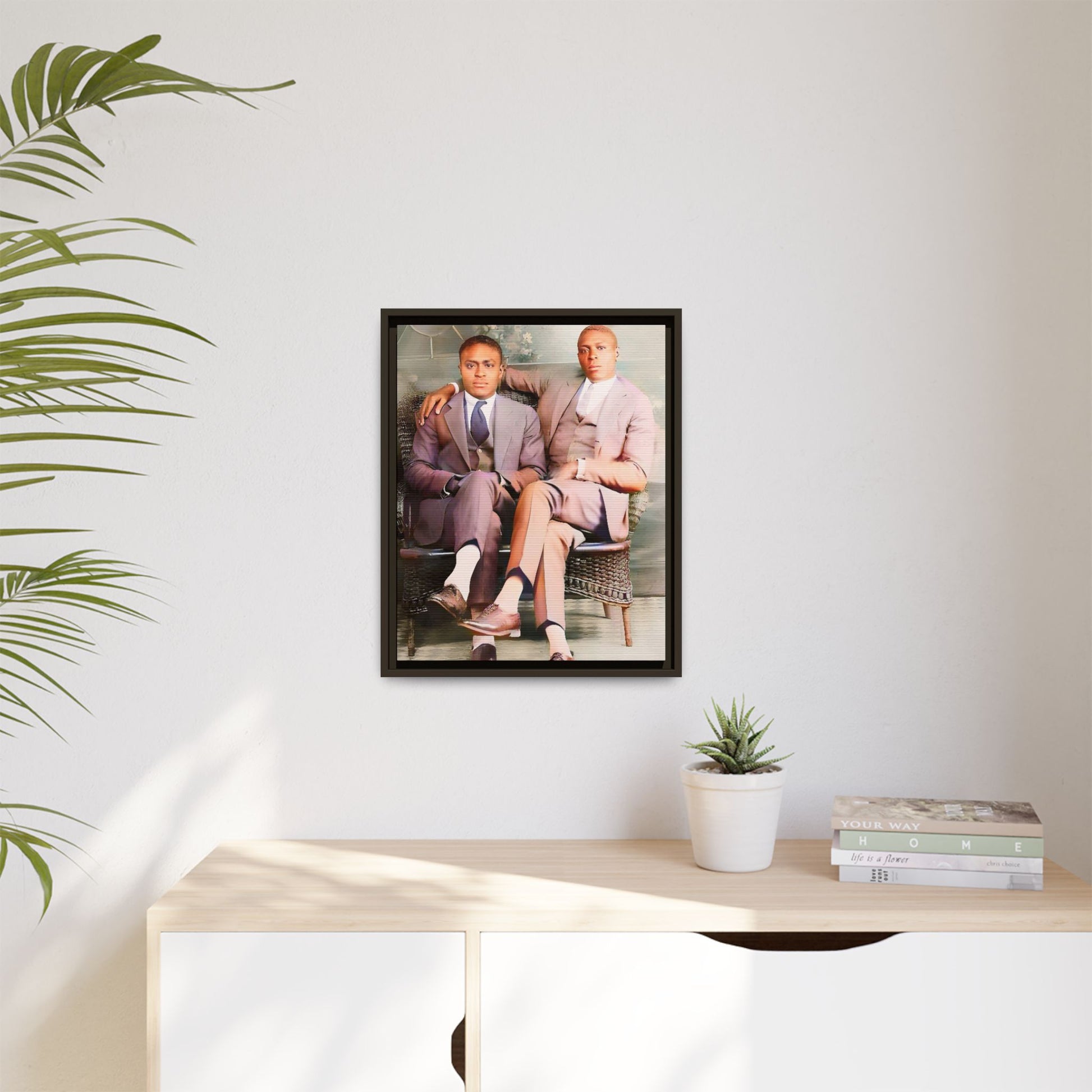 Restored vintage portrait of Walter & George, an African American gay couple seated in Birmingham AL, framed canvas art.