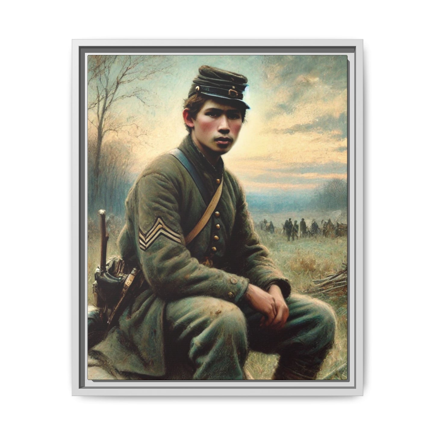 Framed artwork of a Civil War Union soldier inspired by Walt Whitman’s Leaves of Grass and Drum-Taps, depicting themes of sacrifice, strength, and vulnerability amidst a 19th-century battlefield.