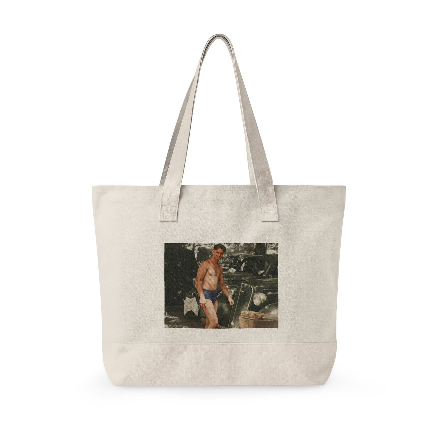 Restored vintage swim portrait with automobile tote bag 